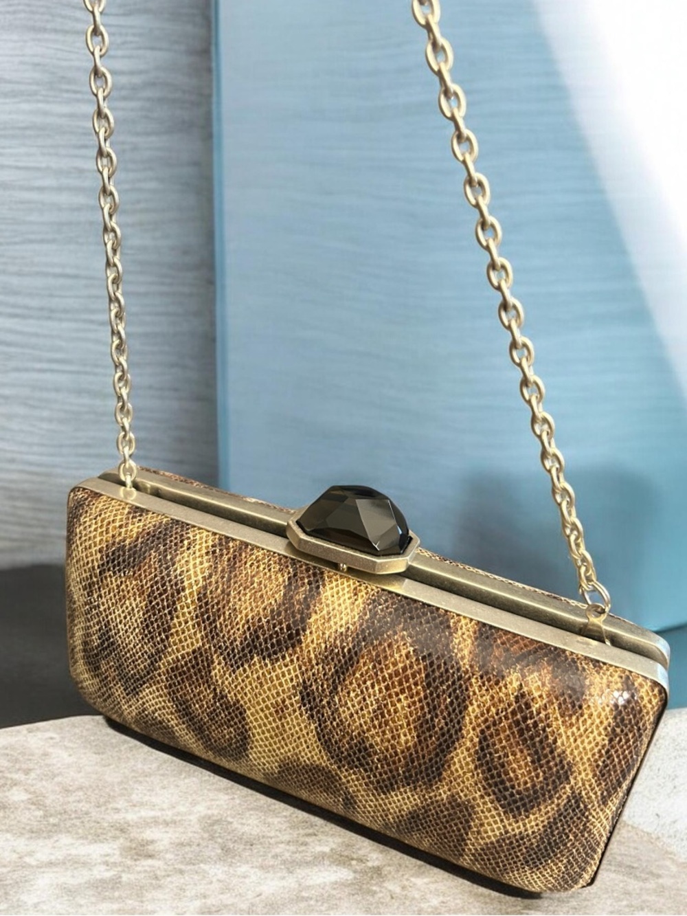 Banana Republic Leopard-Print Mini Bag with Gold Chain. Clasp closure w stone